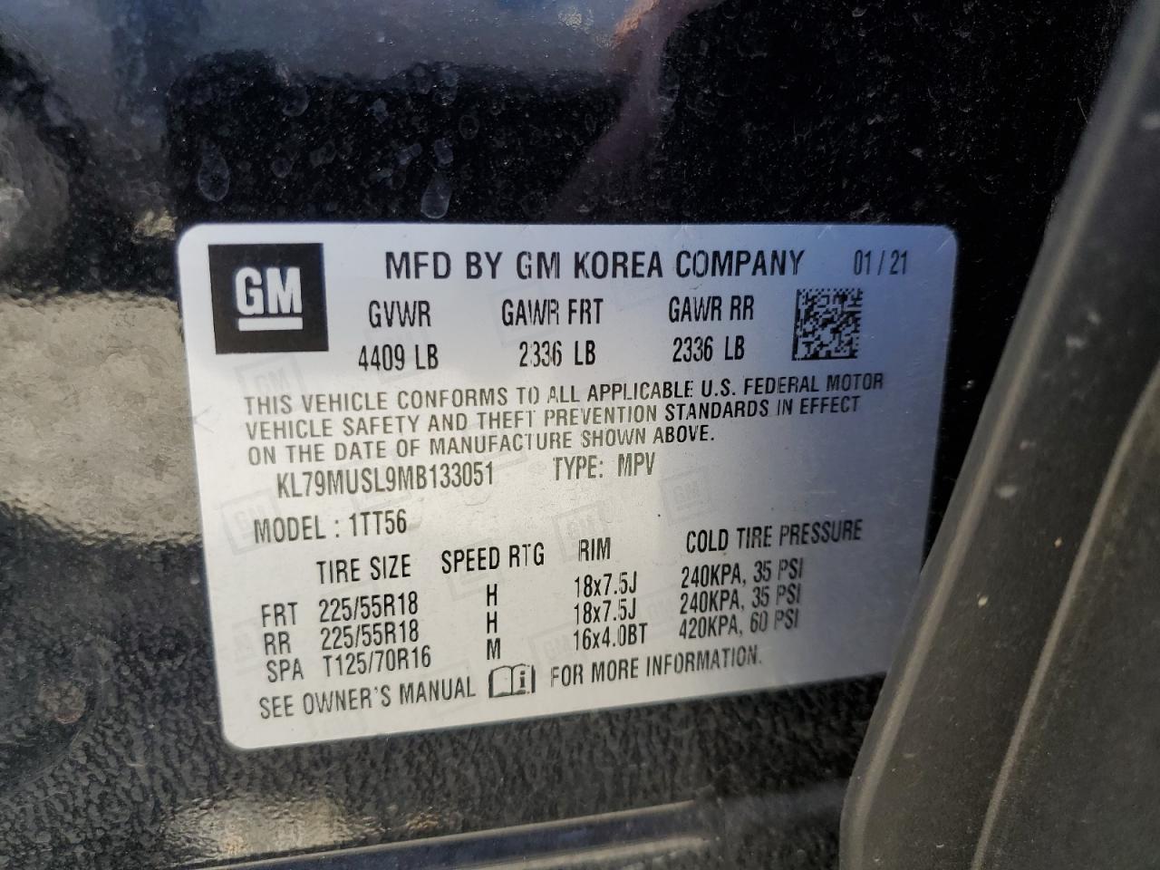 2021 Chevrolet Trailblazer Rs VIN: KL79MUSL9MB133051 Lot: 62570735