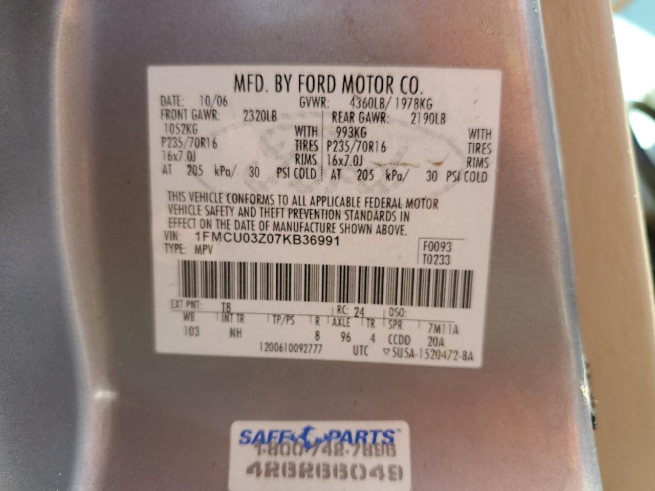 2007 Ford Escape Xlt VIN: 1FMCU03Z07KB36991 Lot: 62746225
