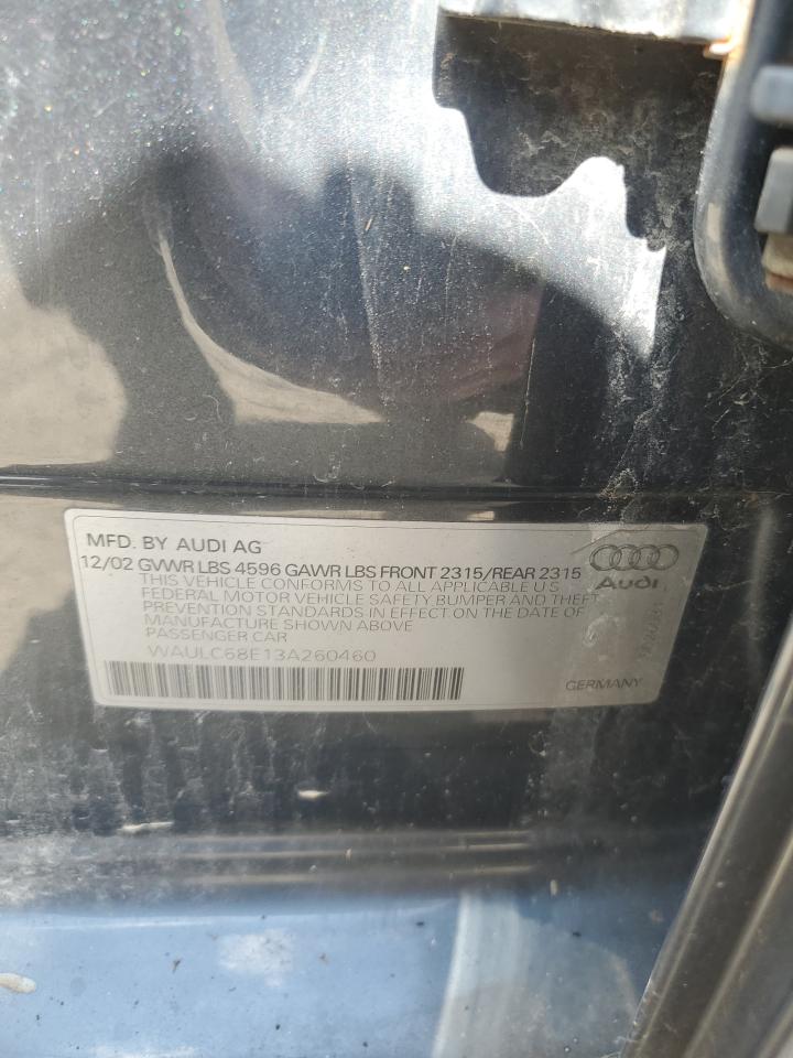 2003 Audi A4 1.8T Quattro VIN: WAULC68E13A260460 Lot: 62594325