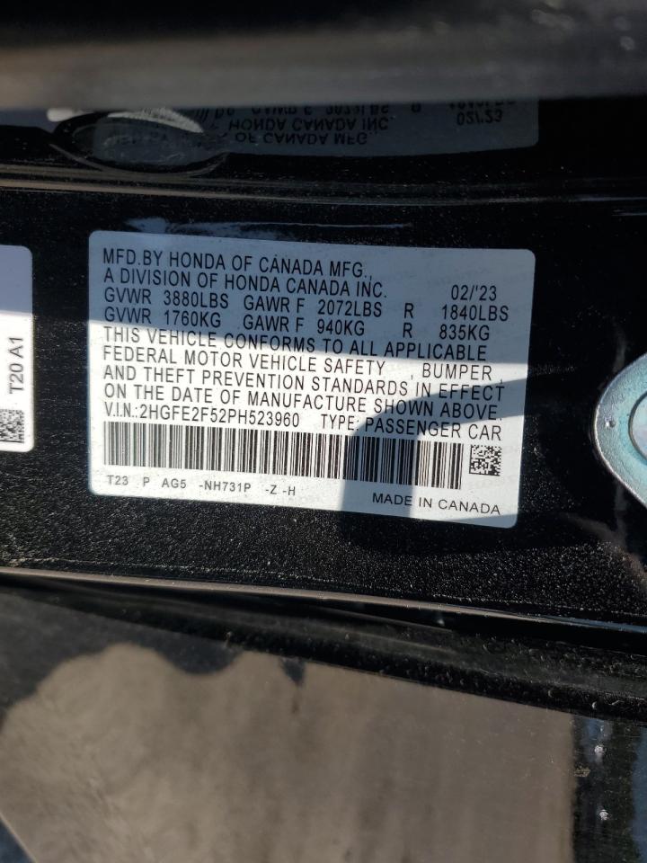 2023 Honda Civic Sport VIN: 2HGFE2F52PH523960 Lot: 62400425
