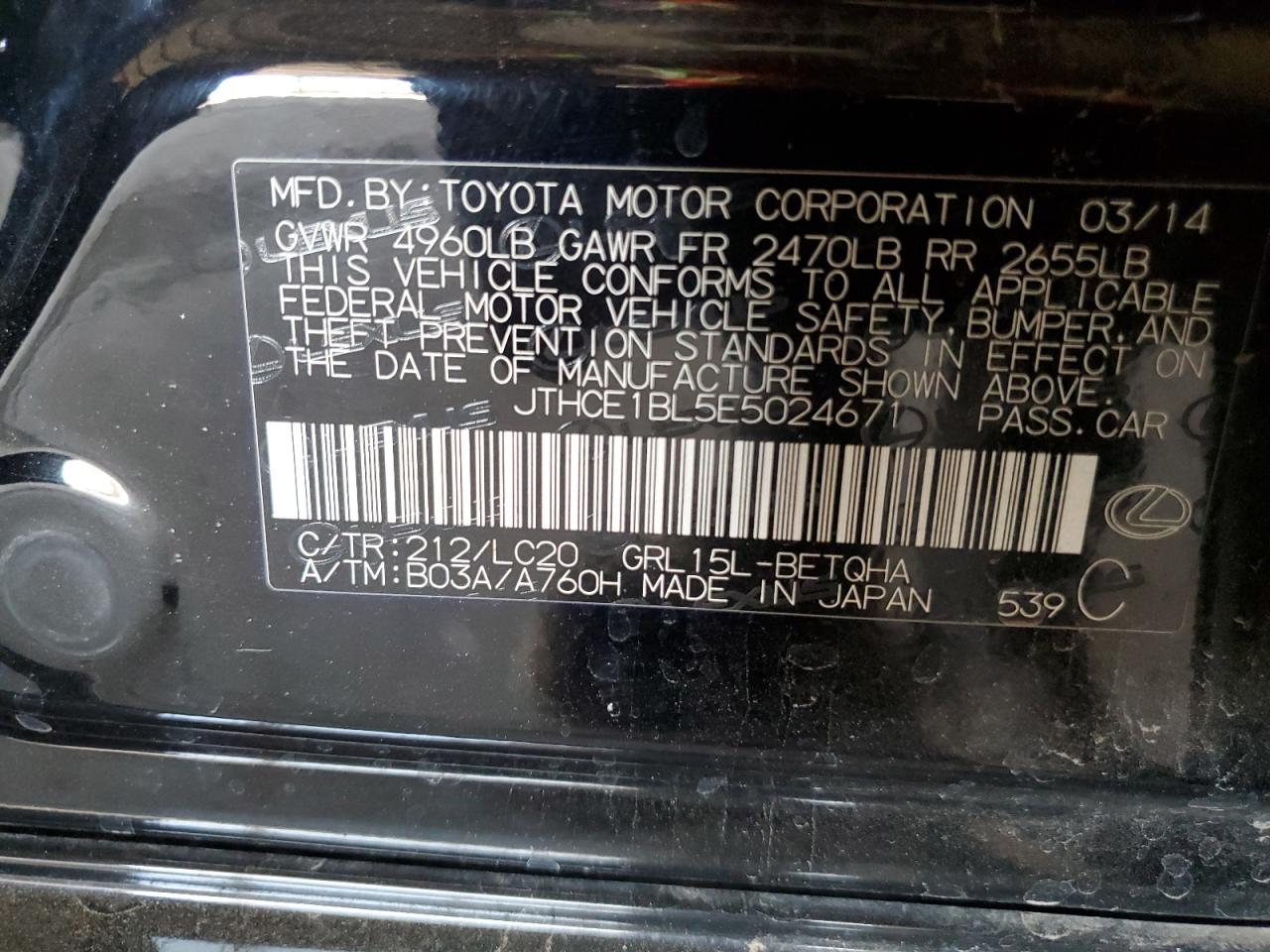 2014 Lexus Gs 350 VIN: JTHCE1BL5E5024671 Lot: 62548495