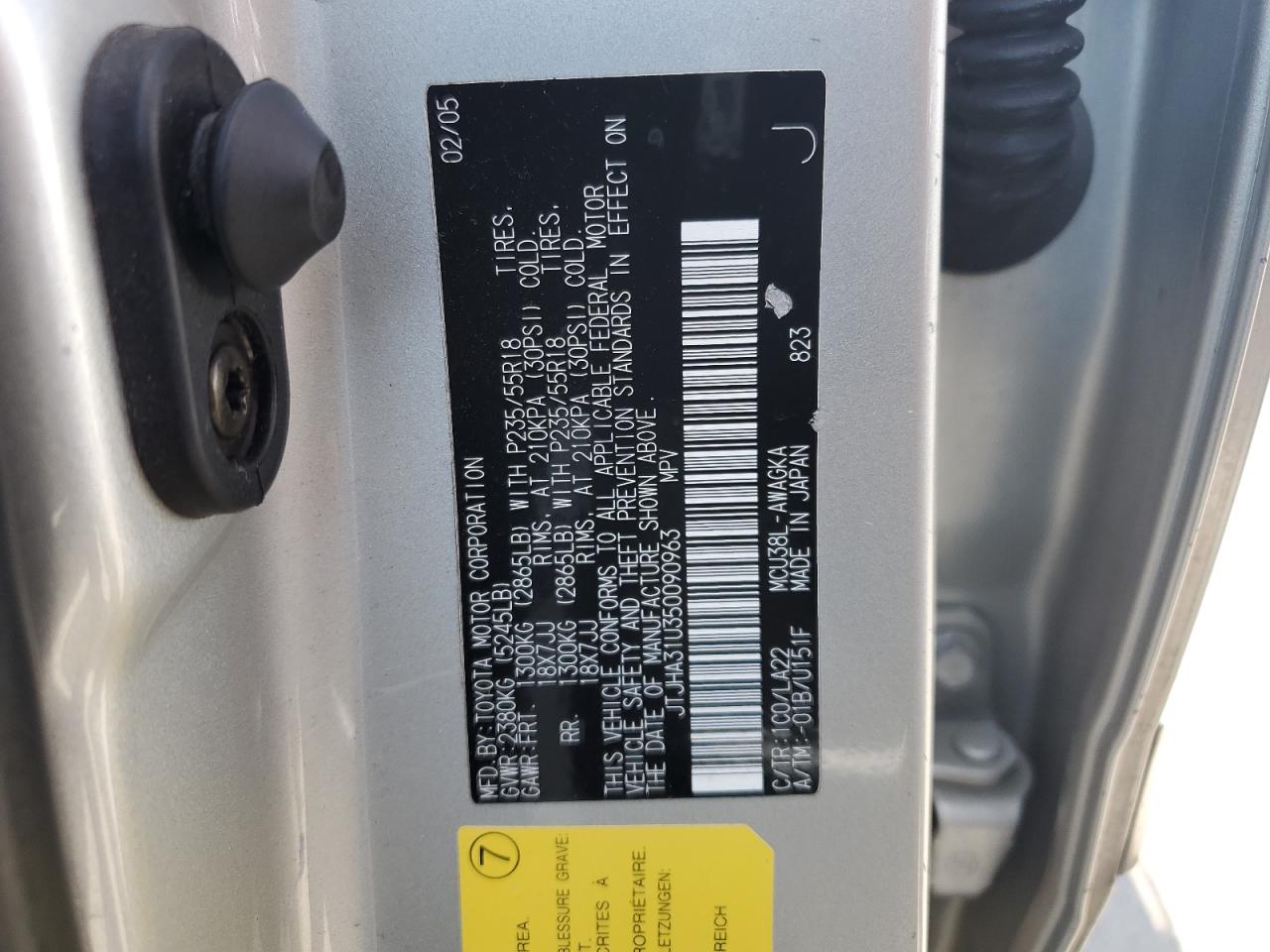 2005 Lexus Rx 330 VIN: JTJHA31U350090963 Lot: 59318015