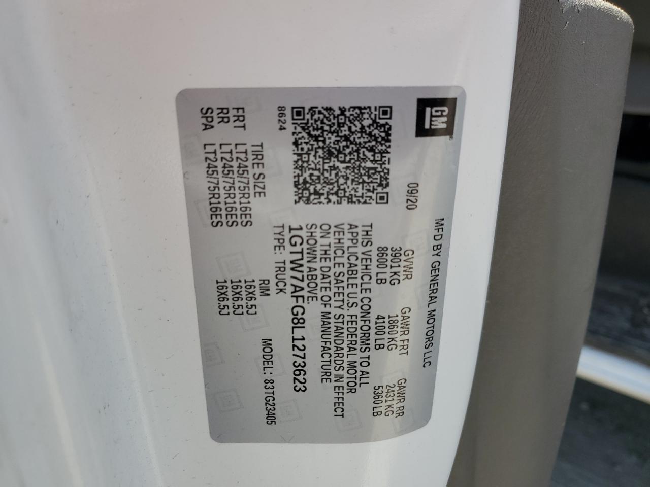 2020 GMC Savana G2500 VIN: 1GTW7AFG8L1273623 Lot: 60477665
