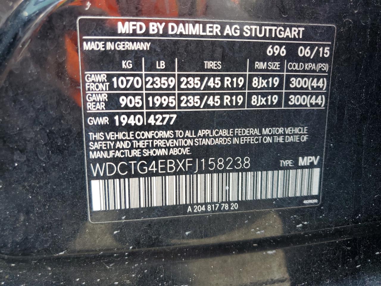 2015 Mercedes-Benz Gla 250 VIN: WDCTG4EBXFJ158238 Lot: 62840865