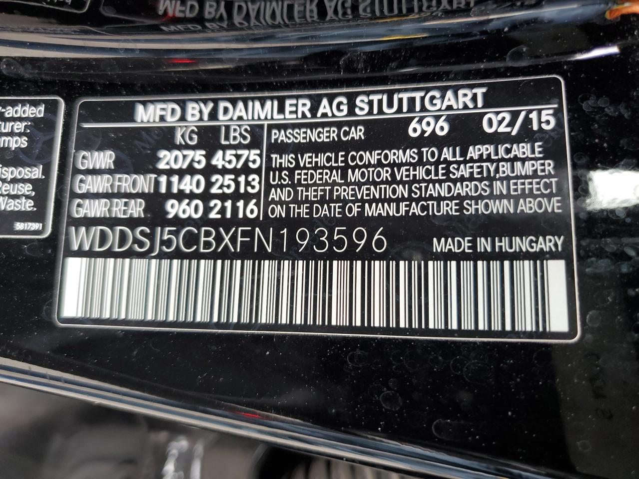 2015 Mercedes-Benz Cla 45 Amg VIN: WDDSJ5CBXFN193596 Lot: 62769205