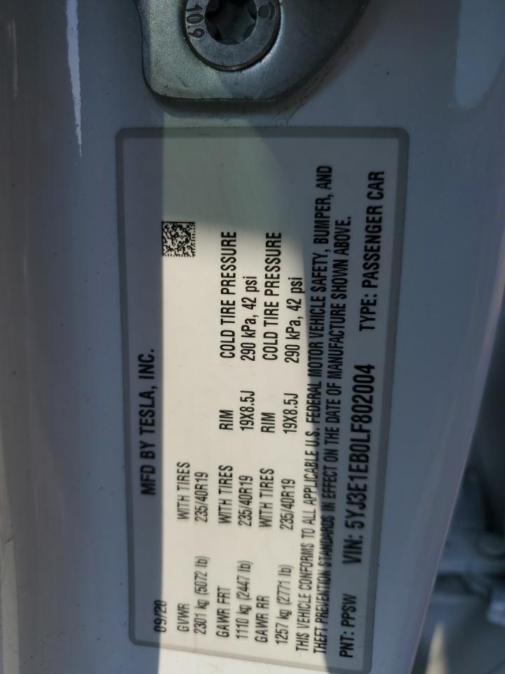 2020 Tesla Model 3 VIN: 5YJ3E1EB0LF802004 Lot: 60493655