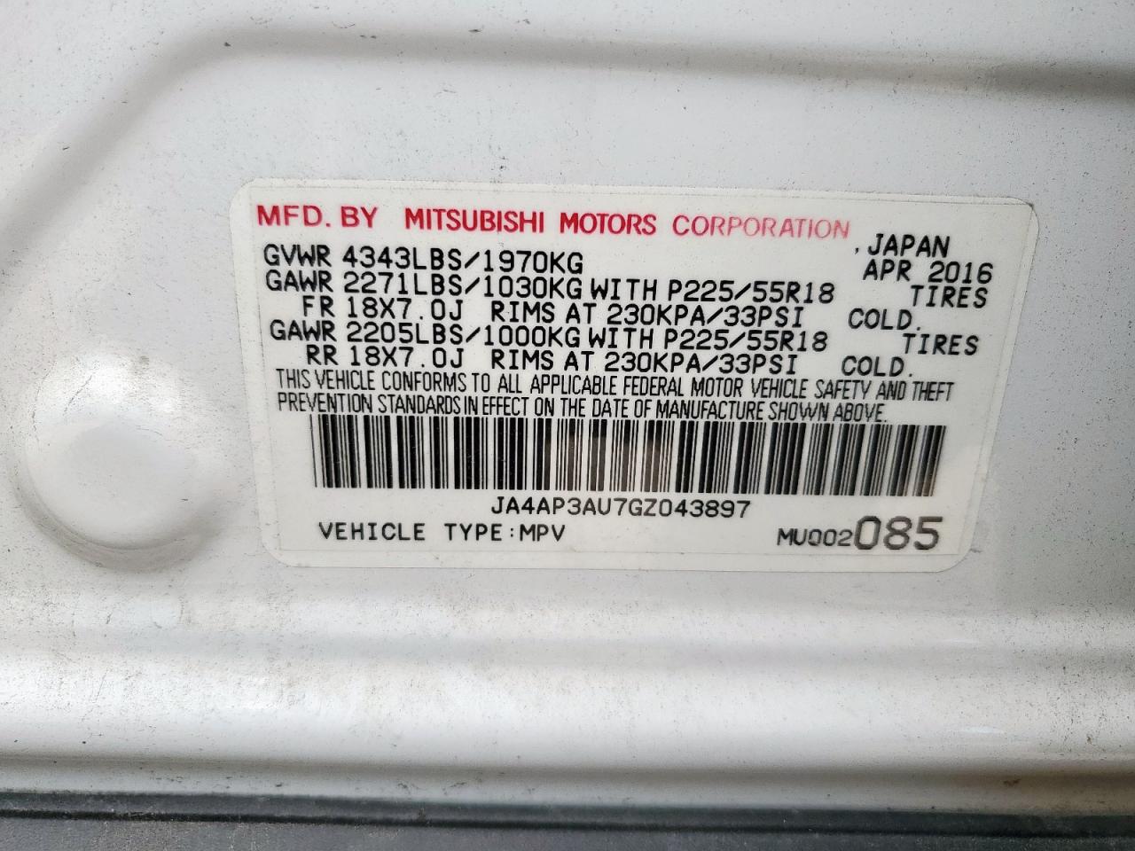 2016 Mitsubishi Outlander Sport Es VIN: JA4AP3AU7GZ043897 Lot: 62192275