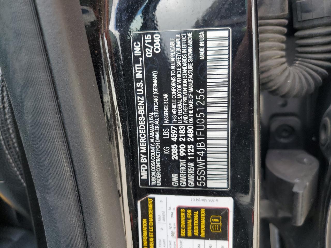 2015 Mercedes-Benz C 300 VIN: 55SWF4JB1FU051256 Lot: 62577535