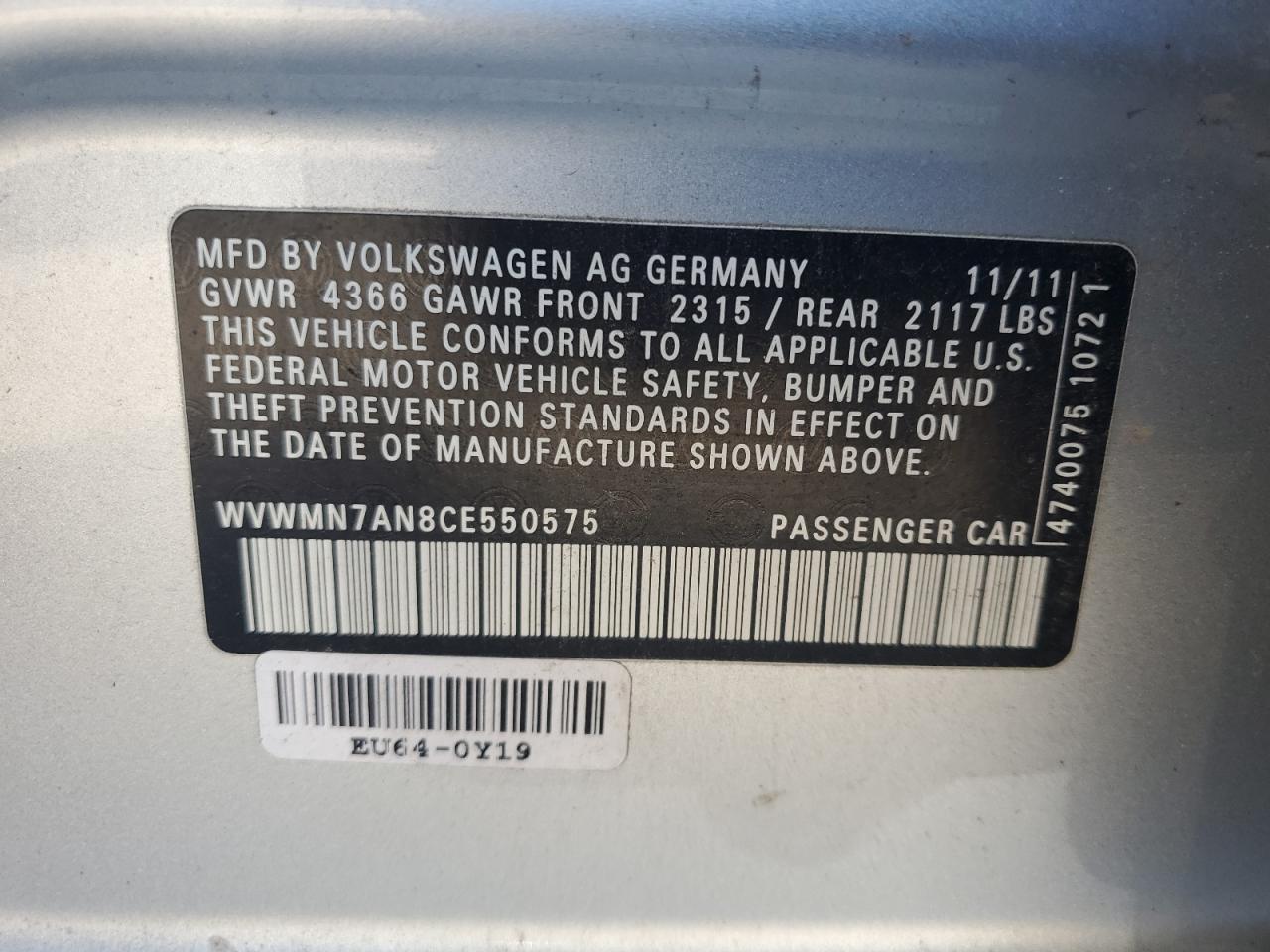 2012 Volkswagen Cc Sport VIN: WVWMN7AN8CE550575 Lot: 60843435