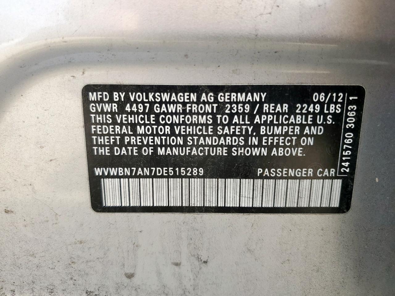2013 Volkswagen Cc Sport VIN: WVWBN7AN7DE515289 Lot: 62929715