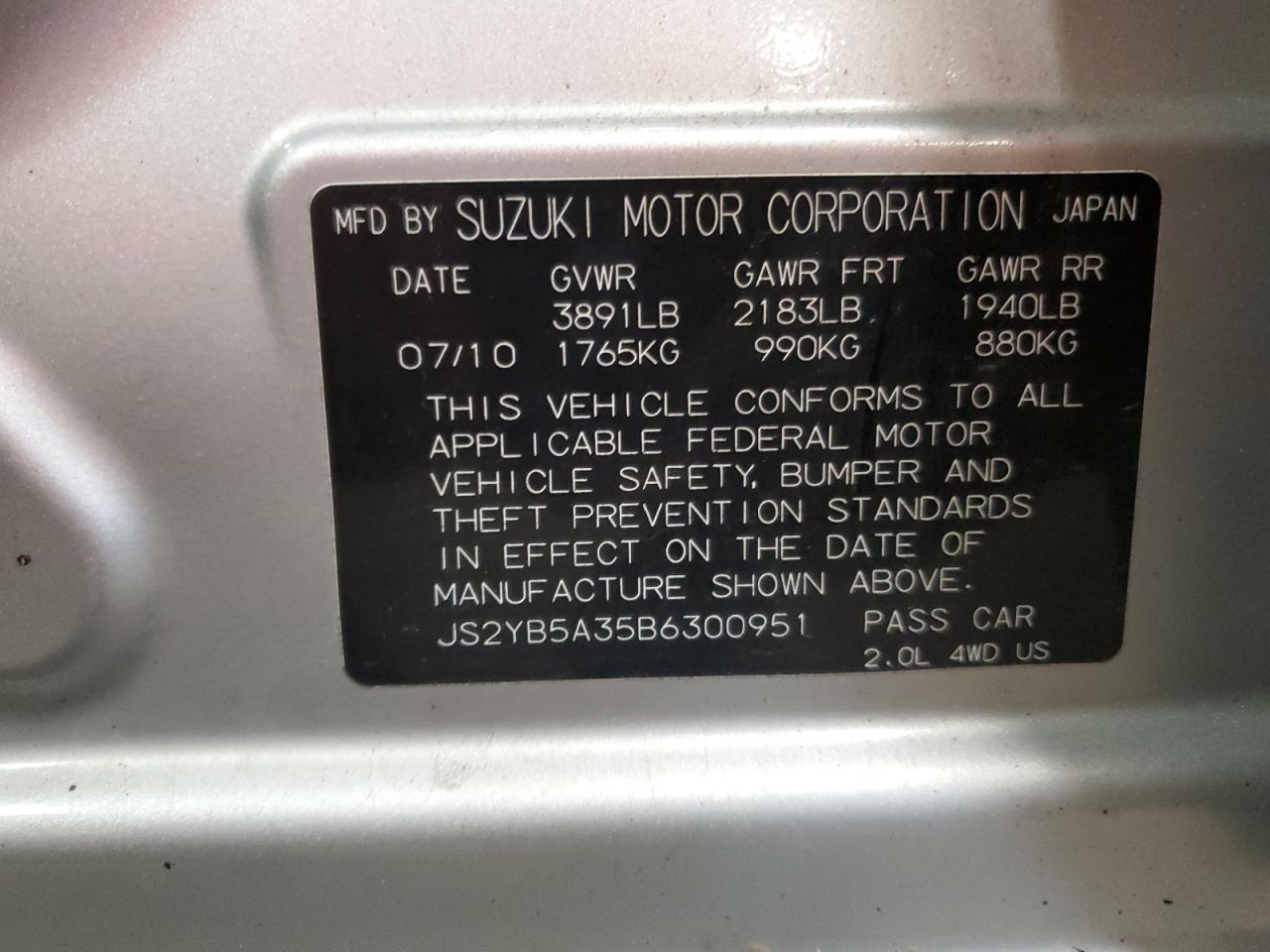2011 Suzuki Sx4 VIN: JS2YB5A35B6300951 Lot: 61389175