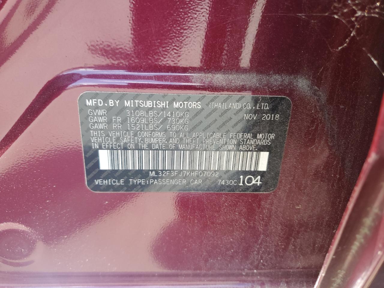 2019 Mitsubishi Mirage G4 Es VIN: ML32F3FJ7KHF07092 Lot: 61666085