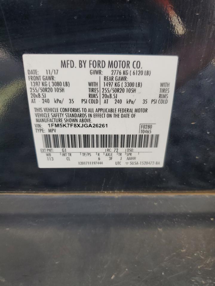 2018 Ford Explorer Limited VIN: 1FM5K7F8XJGA26261 Lot: 62284495