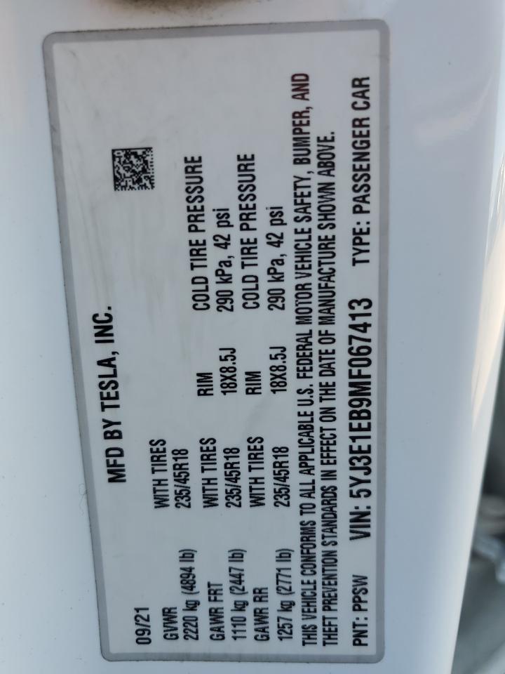 2021 Tesla Model 3 VIN: 5YJ3E1EB9MF067413 Lot: 62884255