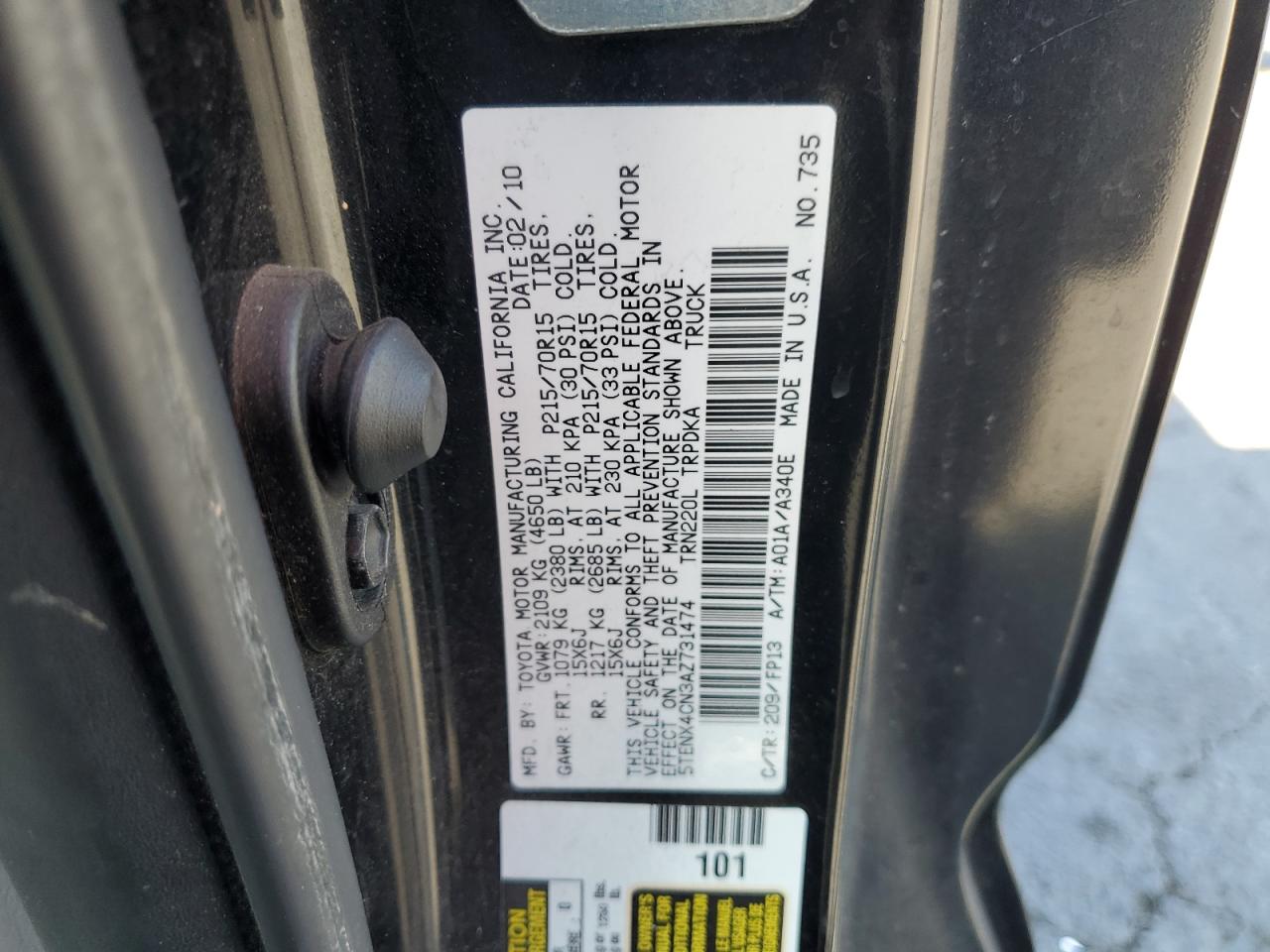 2010 Toyota Tacoma VIN: 5TENX4CN3AZ731474 Lot: 62569885