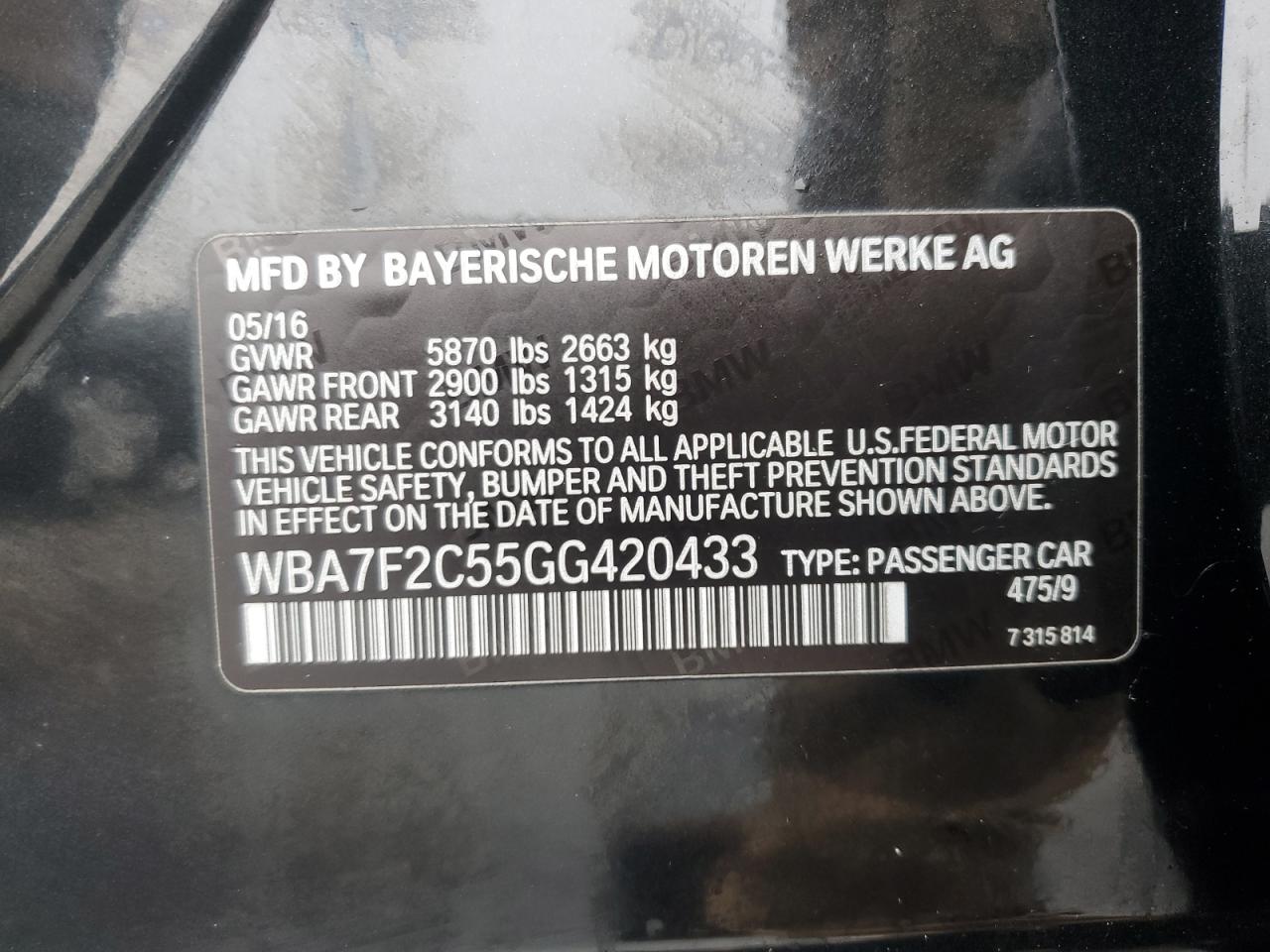 2016 BMW 750 Xi VIN: WBA7F2C55GG420433 Lot: 61245215