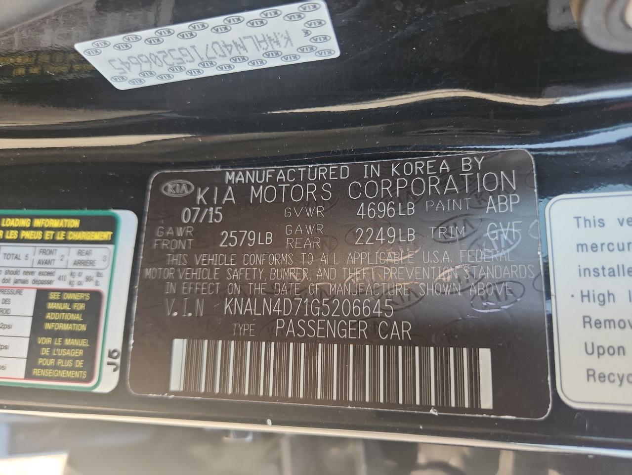 2016 Kia Cadenza Luxury VIN: KNALN4D71G5206645 Lot: 61785935