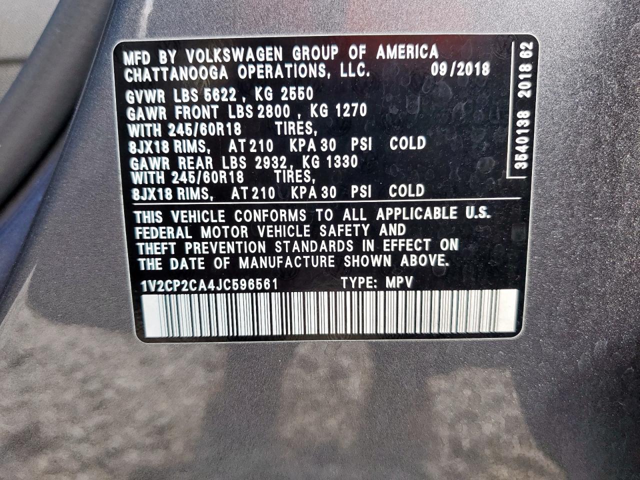 2018 Volkswagen Atlas Se VIN: 1V2CP2CA4JC596561 Lot: 59267065