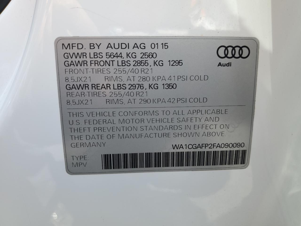 2015 Audi Sq5 Premium Plus VIN: WA1CGAFP2FA090090 Lot: 62202475