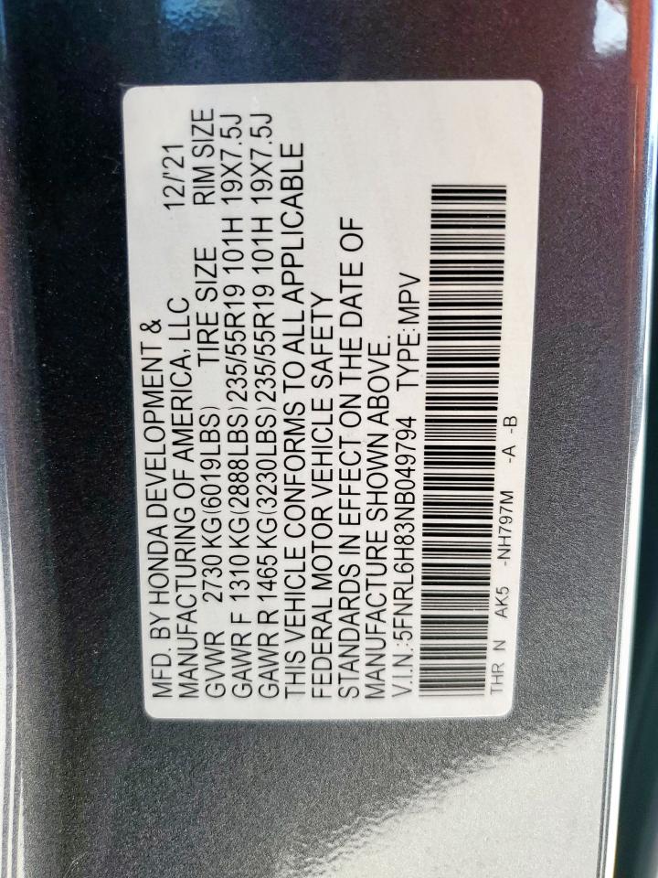 2022 Honda Odyssey Touring VIN: 5FNRL6H83NB049794 Lot: 62733635