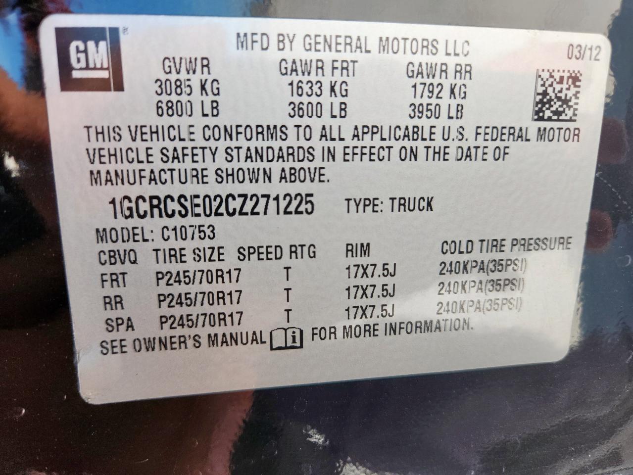 2012 Chevrolet Silverado C1500 Lt VIN: 1GCRCSE02CZ271225 Lot: 63065135