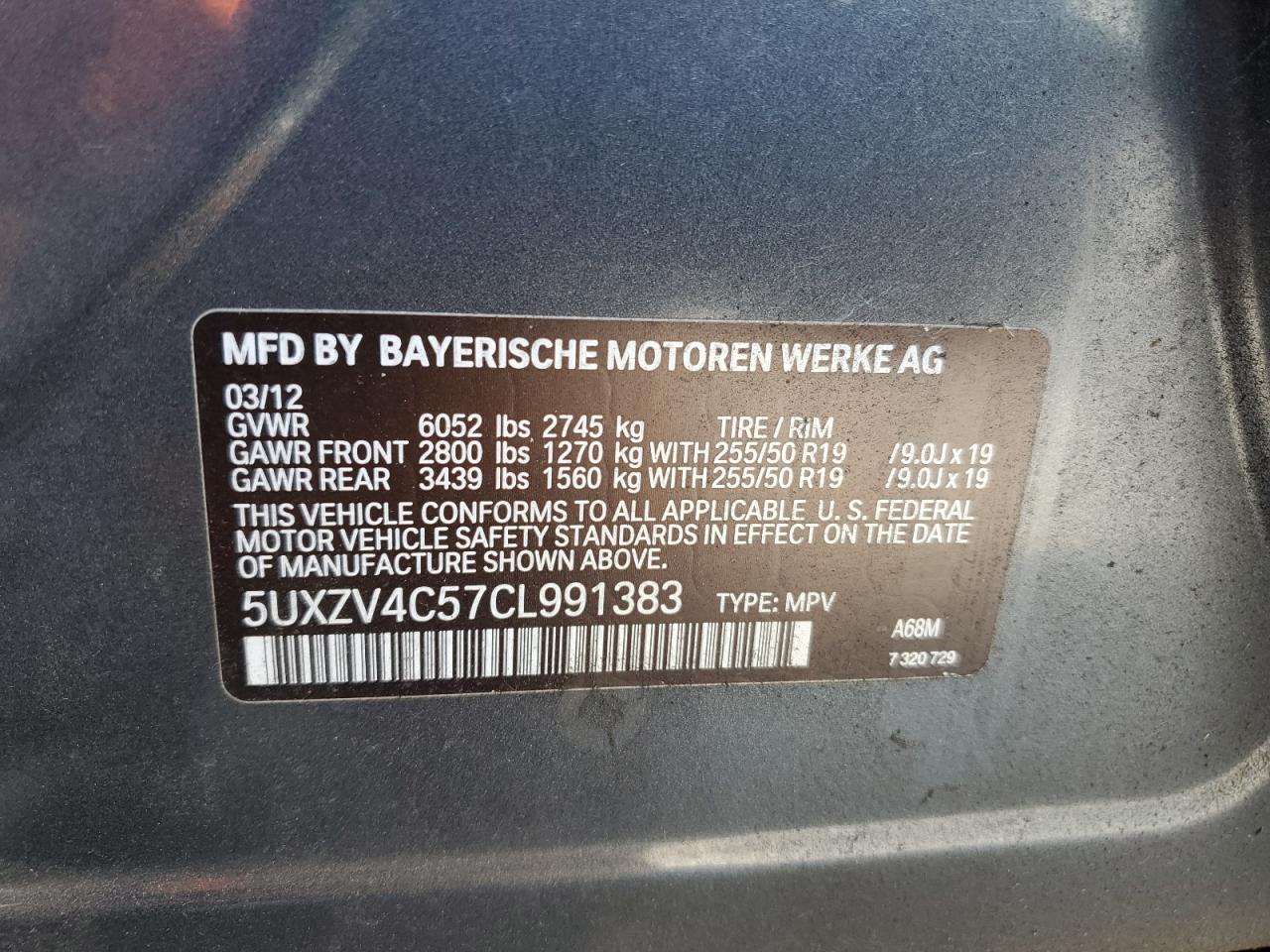 2012 BMW X5 xDrive35I VIN: 5UXZV4C57CL991383 Lot: 61047335