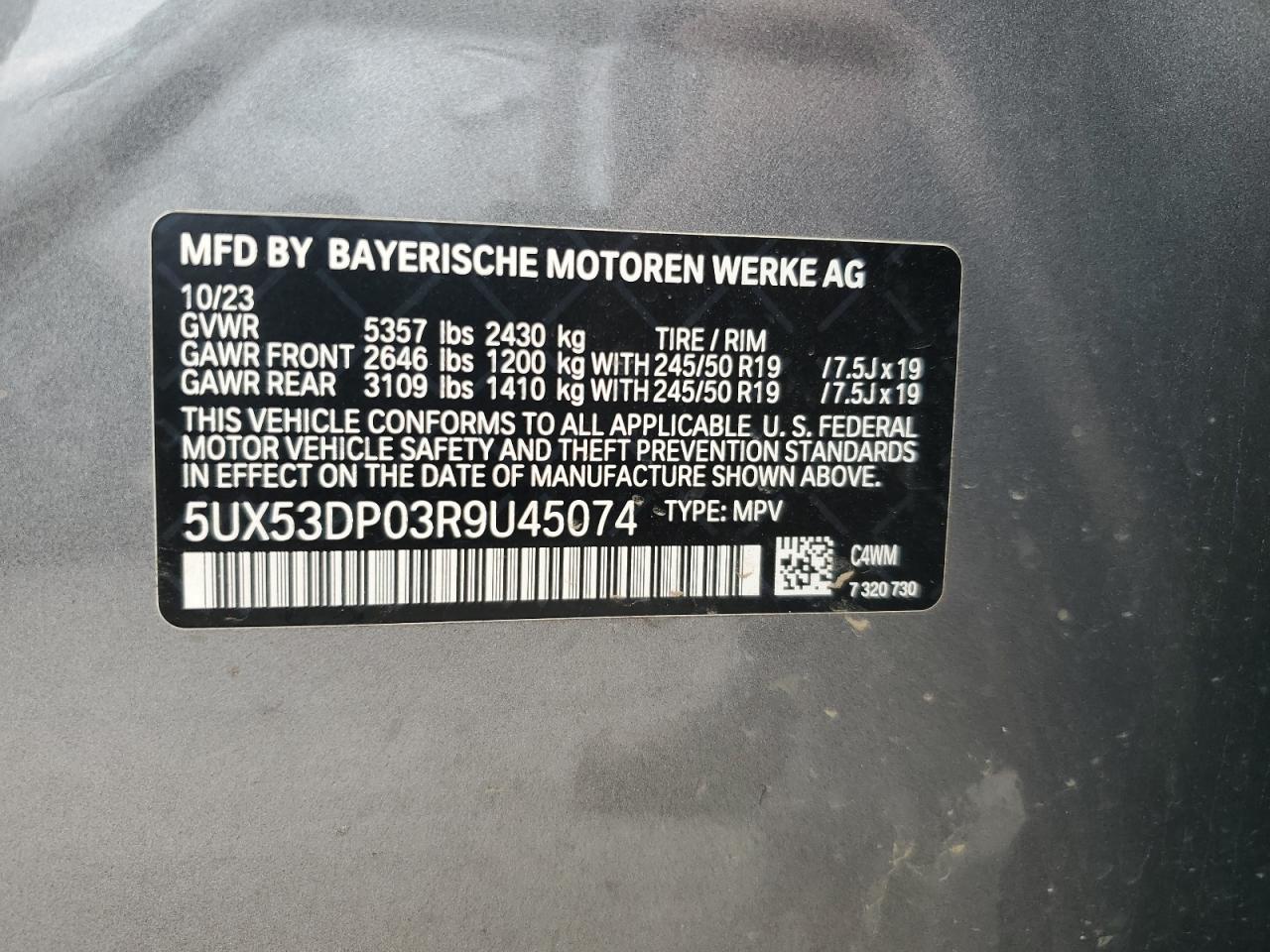 2024 BMW X3 xDrive30I VIN: 5UX53DP03R9U45074 Lot: 62949325