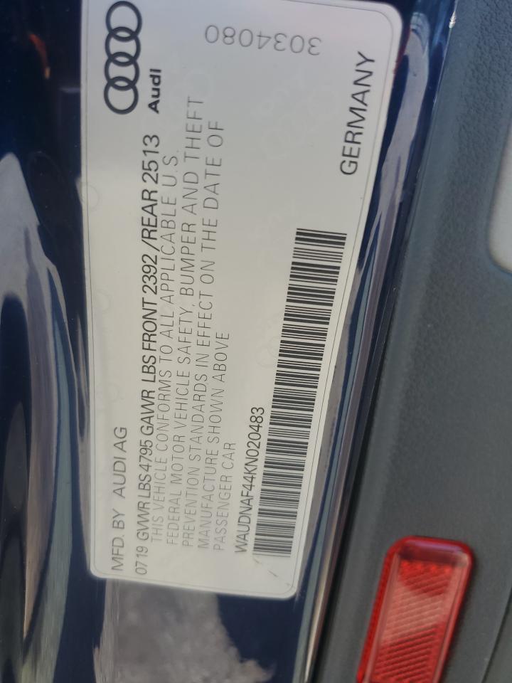 2019 Audi A4 Premium VIN: WAUDNAF44KN020483 Lot: 60300855