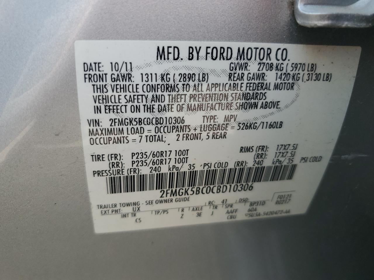 2012 Ford Flex Se VIN: 2FMGK5BC0CBD10306 Lot: 61377315