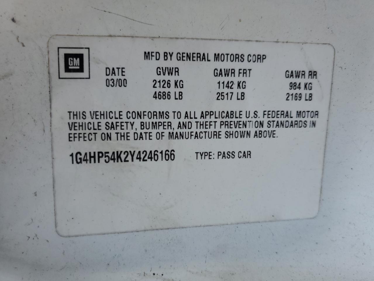 2000 Buick Lesabre Custom VIN: 1G4HP54K2Y4246166 Lot: 62944025
