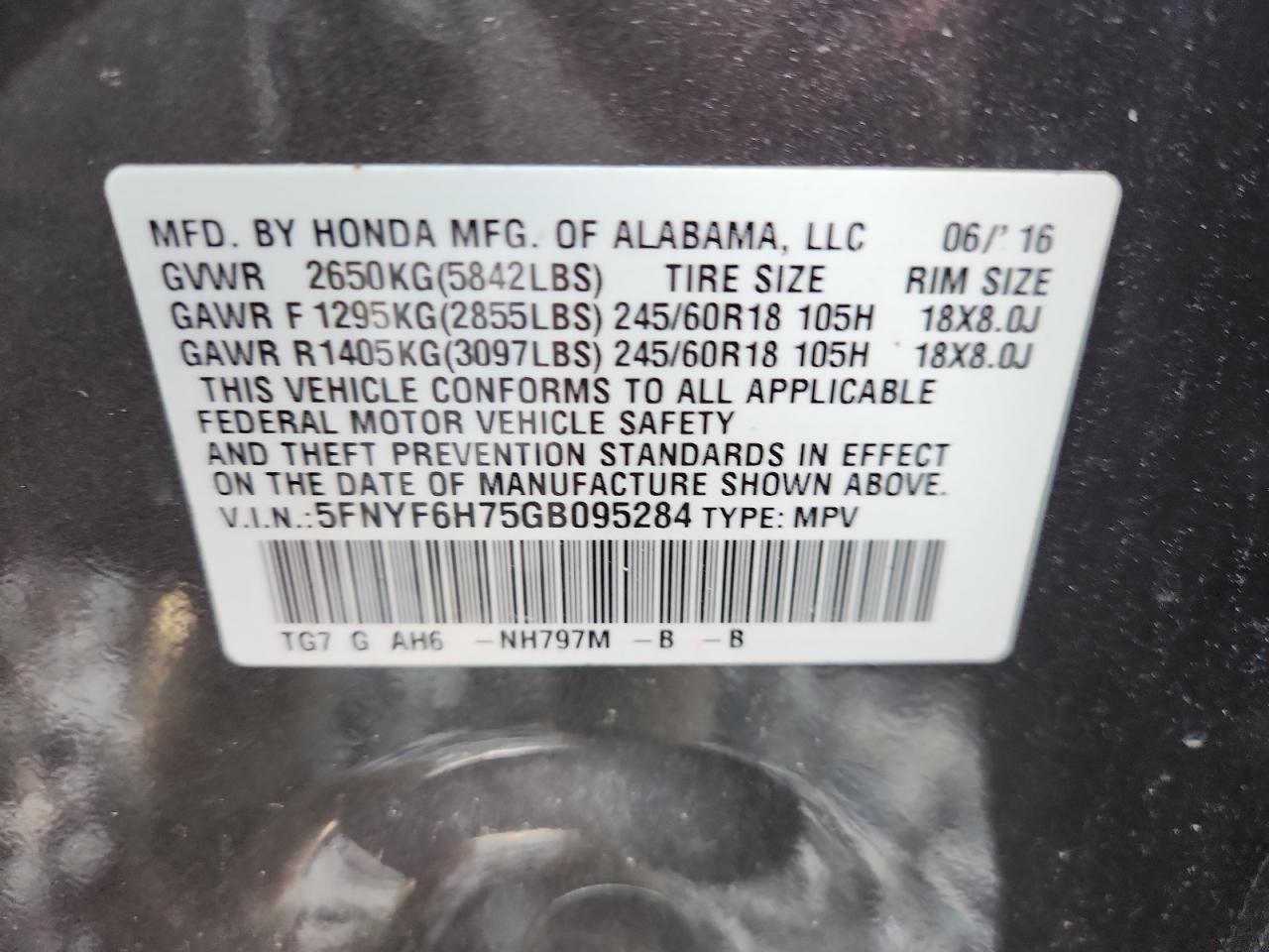 2016 Honda Pilot Exln VIN: 5FNYF6H75GB095284 Lot: 62220135