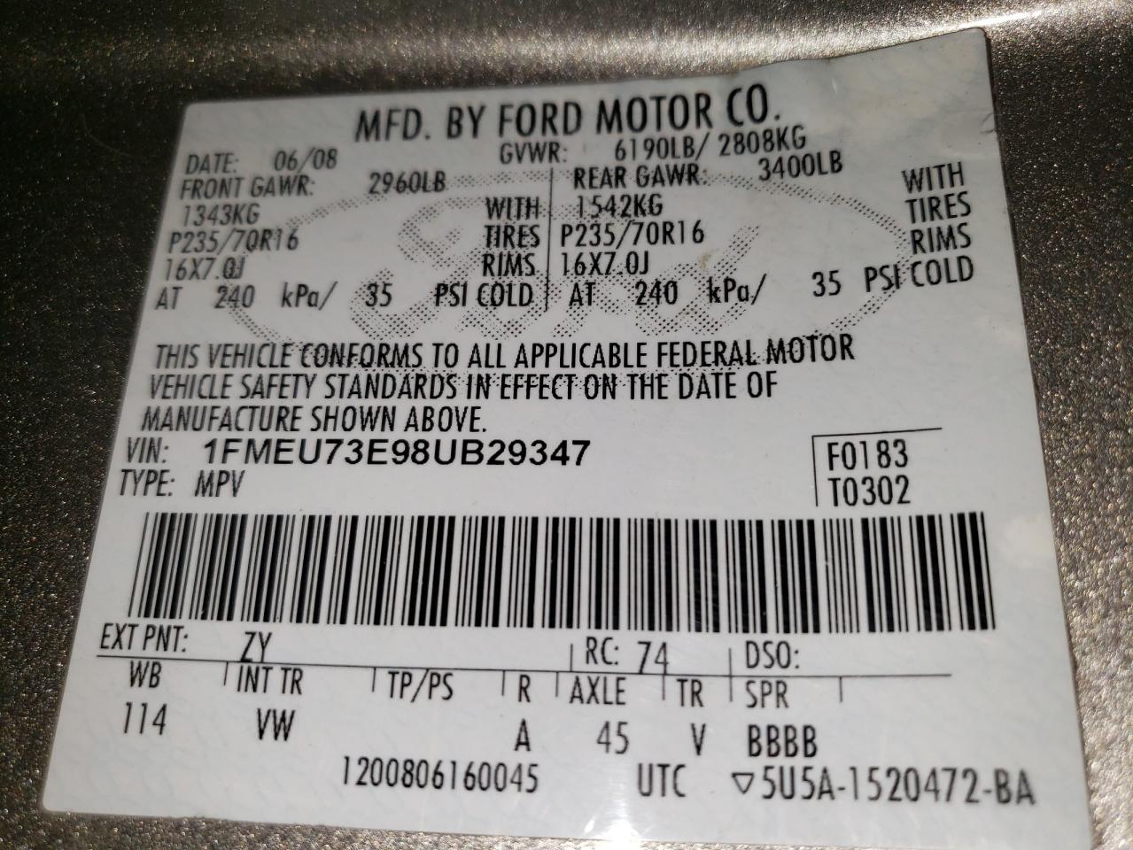 2008 Ford Explorer Xlt VIN: 1FMEU73E98UB29347 Lot: 60543205