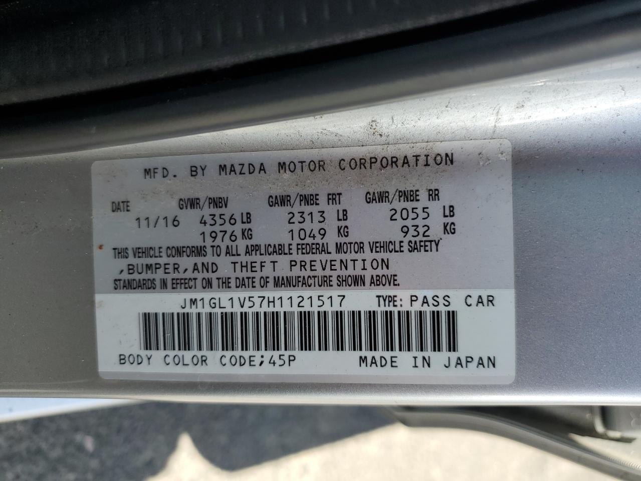 2017 Mazda 6 Touring VIN: JM1GL1V57H1121517 Lot: 63007325