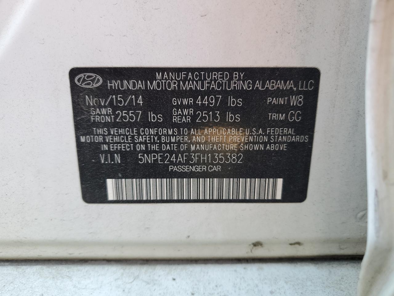 2015 Hyundai Sonata Se VIN: 5NPE24AF3FH135382 Lot: 61980635