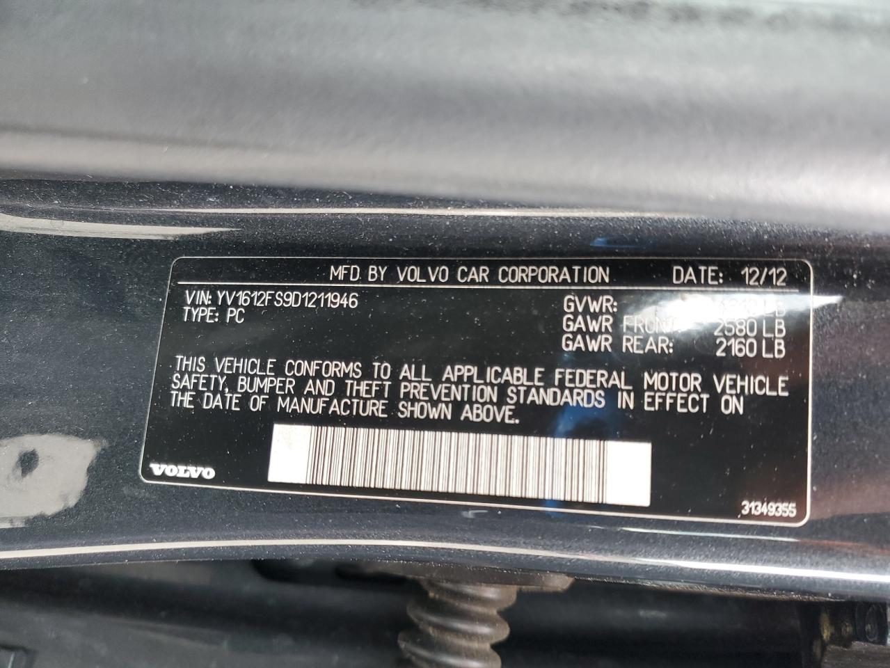2013 Volvo S60 T5 VIN: YV1612FS9D1211946 Lot: 62089605