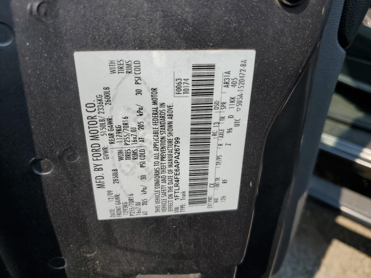 2010 Ford Ranger Super Cab VIN: 1FTLR4FE6APA26799 Lot: 59570945