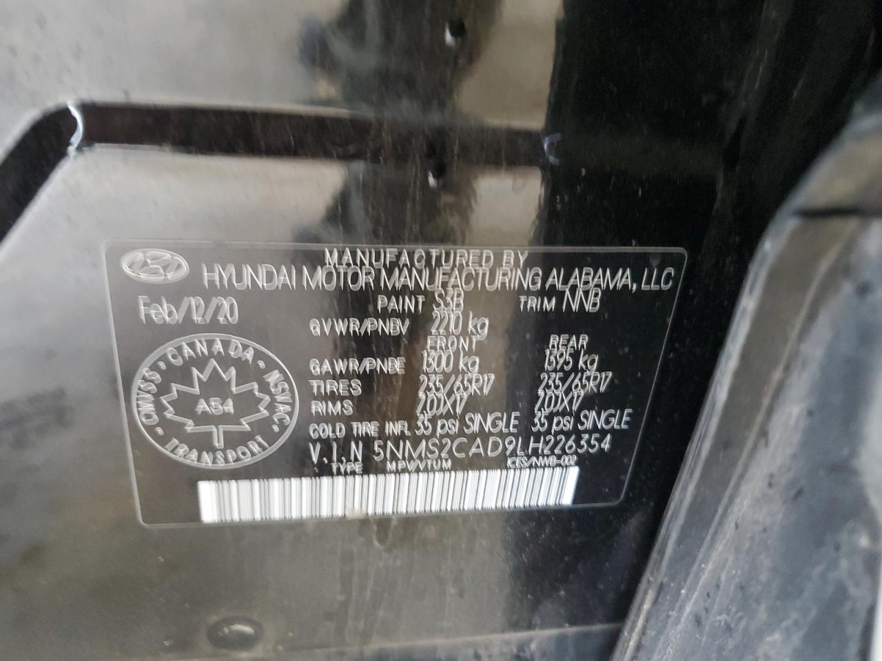 2020 Hyundai Santa Fe Se VIN: 5NMS2CAD9LH226354 Lot: 61008755