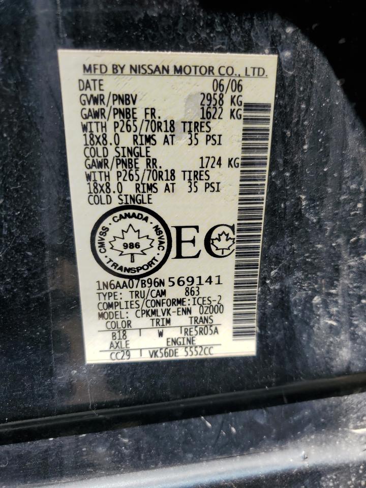 2006 Nissan Titan Xe VIN: 1N6AA07B96N569141 Lot: 61634265