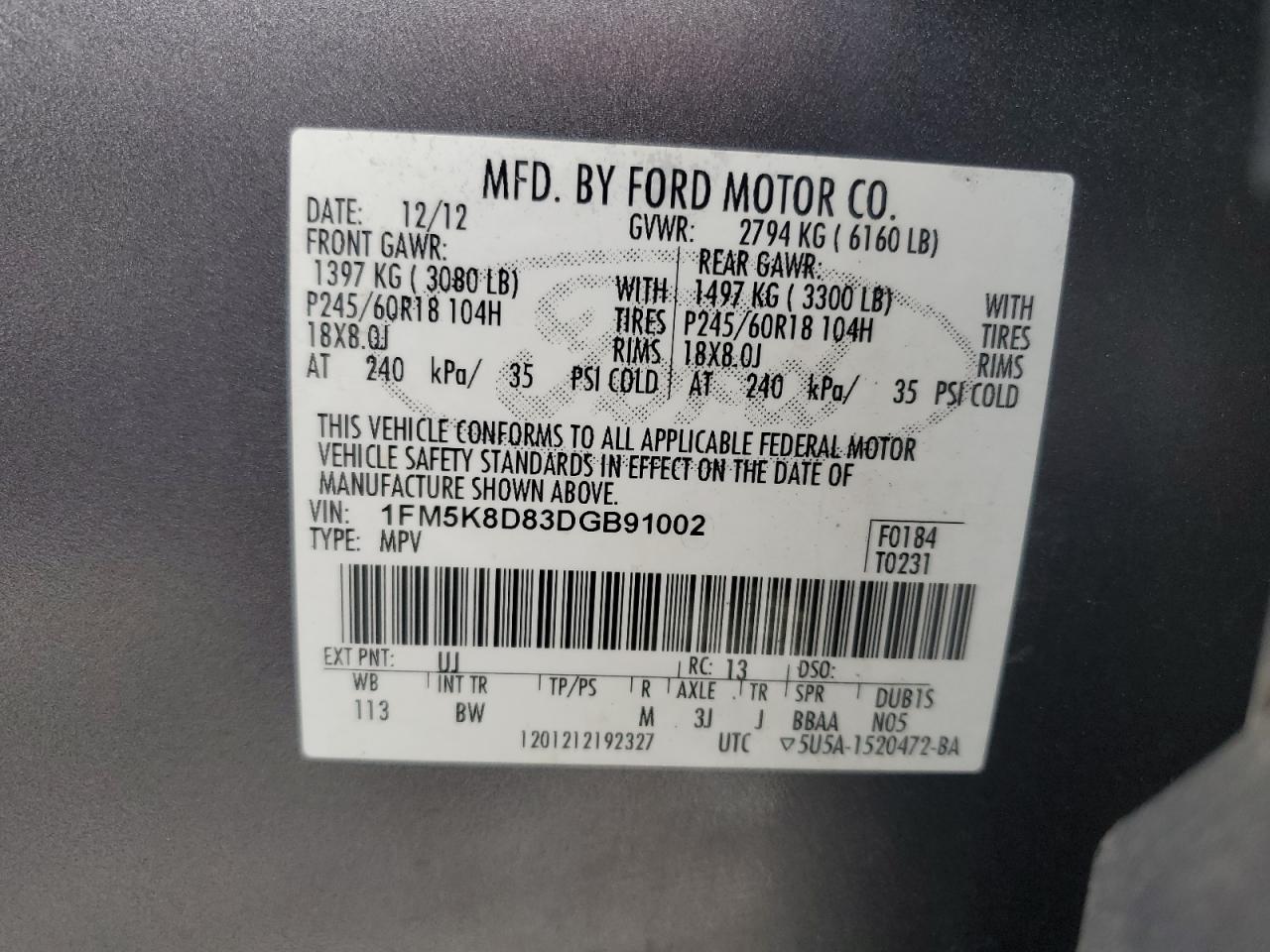 2013 Ford Explorer Xlt VIN: 1FM5K8D83DGB91002 Lot: 70963725