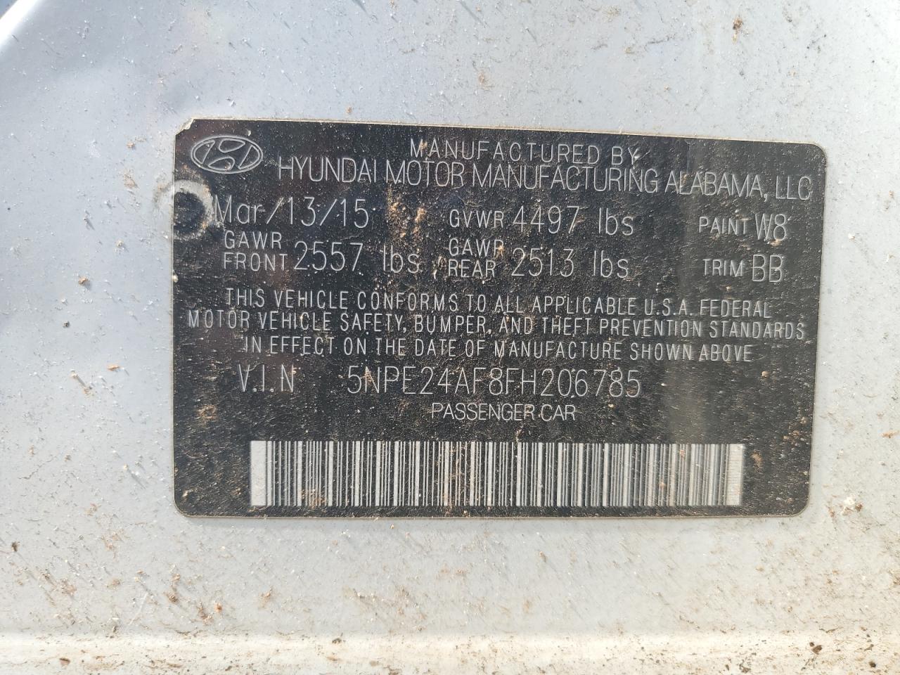 2015 Hyundai Sonata Se VIN: 5NPE24AF8FH206785 Lot: 62121525