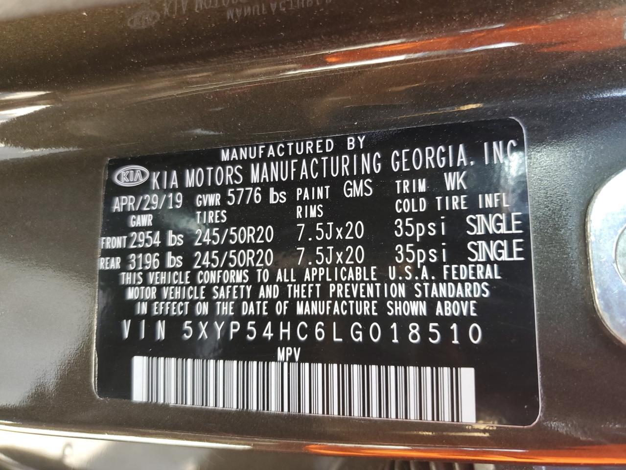2020 Kia Telluride Sx VIN: 5XYP54HC6LG018510 Lot: 62819295