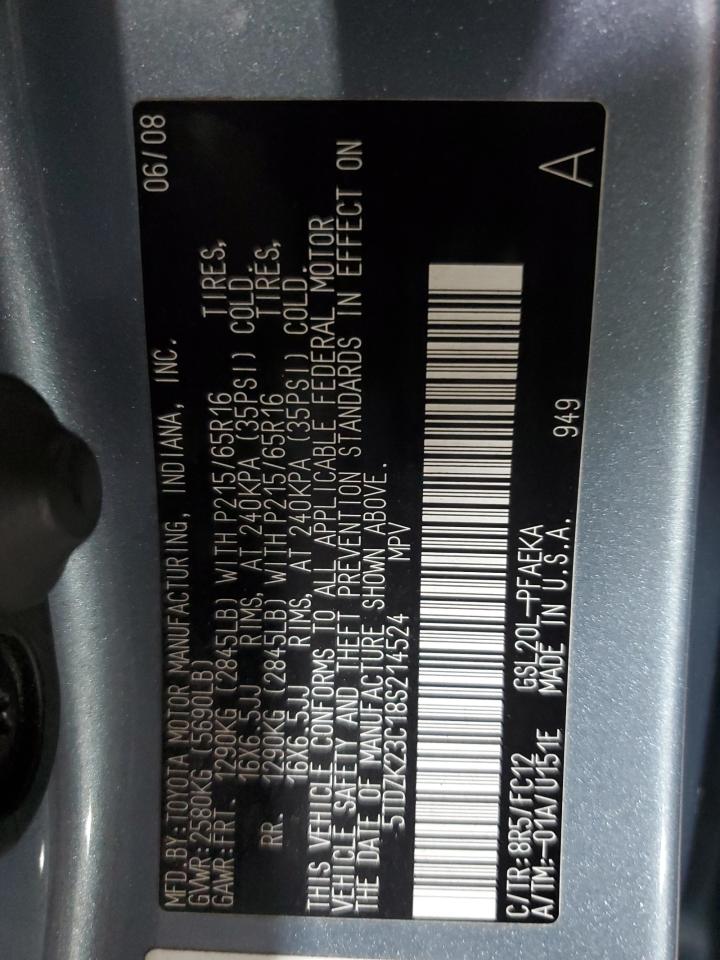 2008 Toyota Sienna Ce VIN: 5TDZK23C18S214524 Lot: 57975355