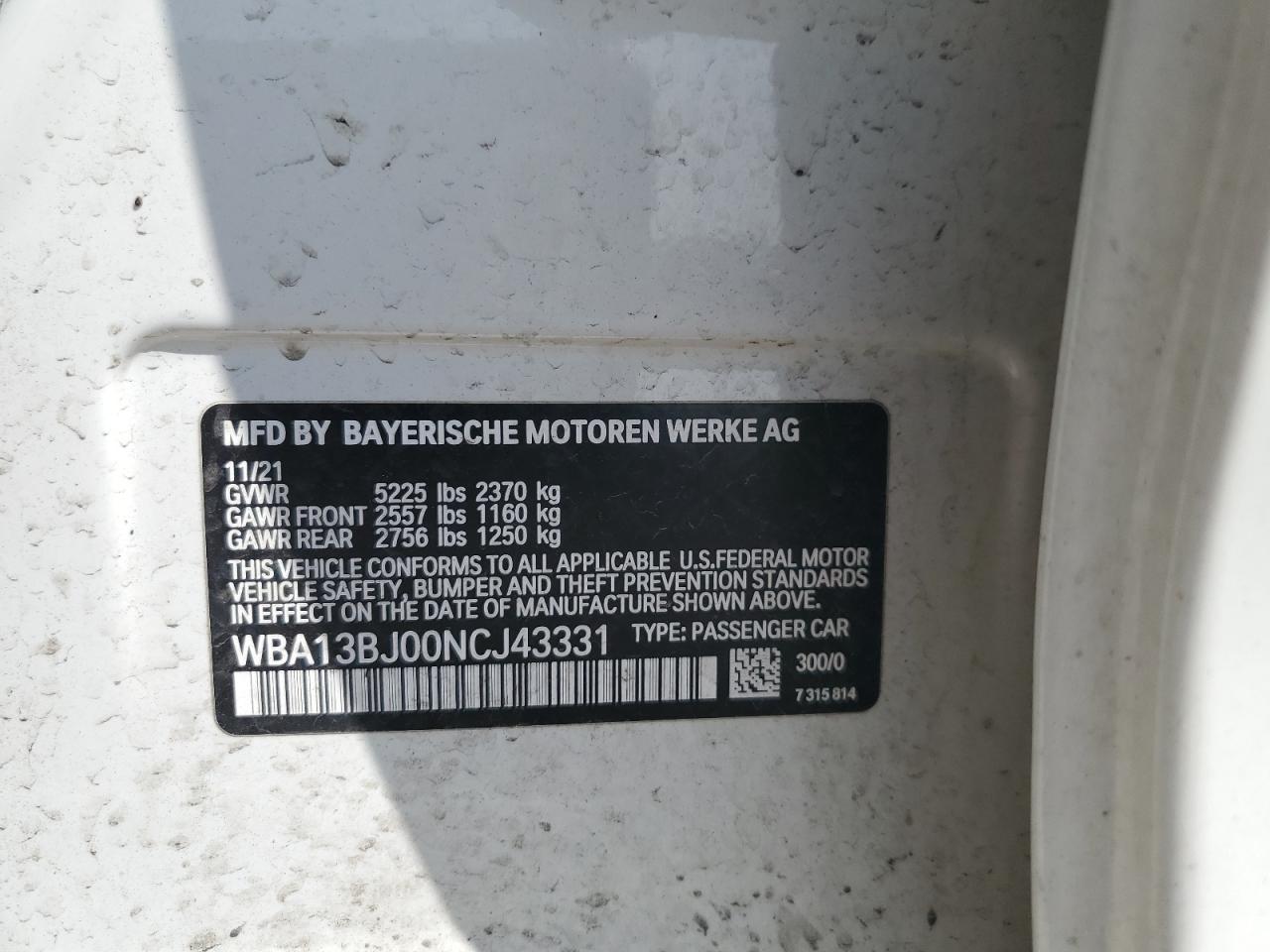 2022 BMW 530 Xi VIN: WBA13BJ00NCJ43331 Lot: 60539435