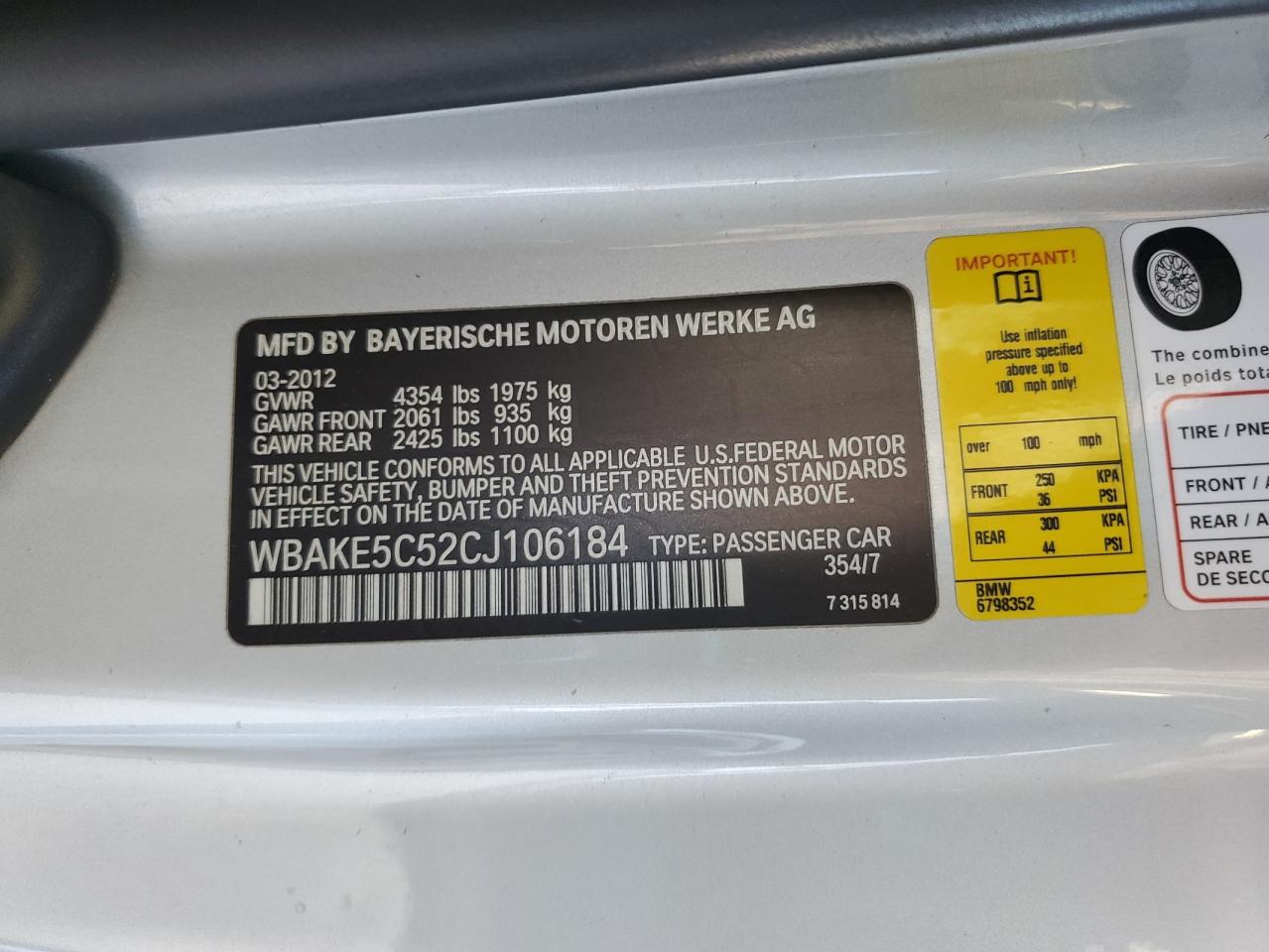 BMW 3 SERIES 2012 VIN WBAKE5C52CJ106184 фото 12