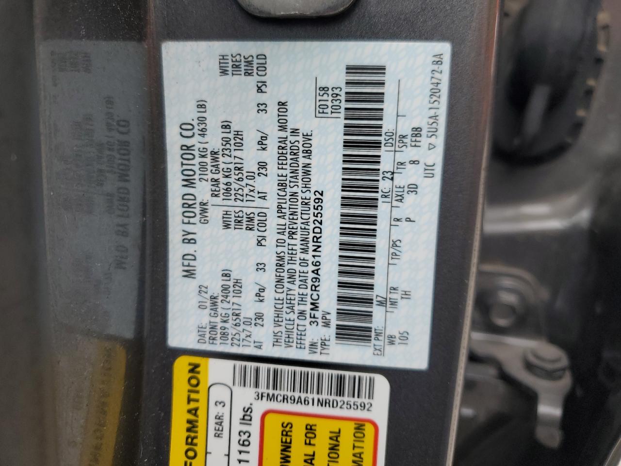 2022 Ford Bronco Sport VIN: 3FMCR9A61NRD25592 Lot: 60334375