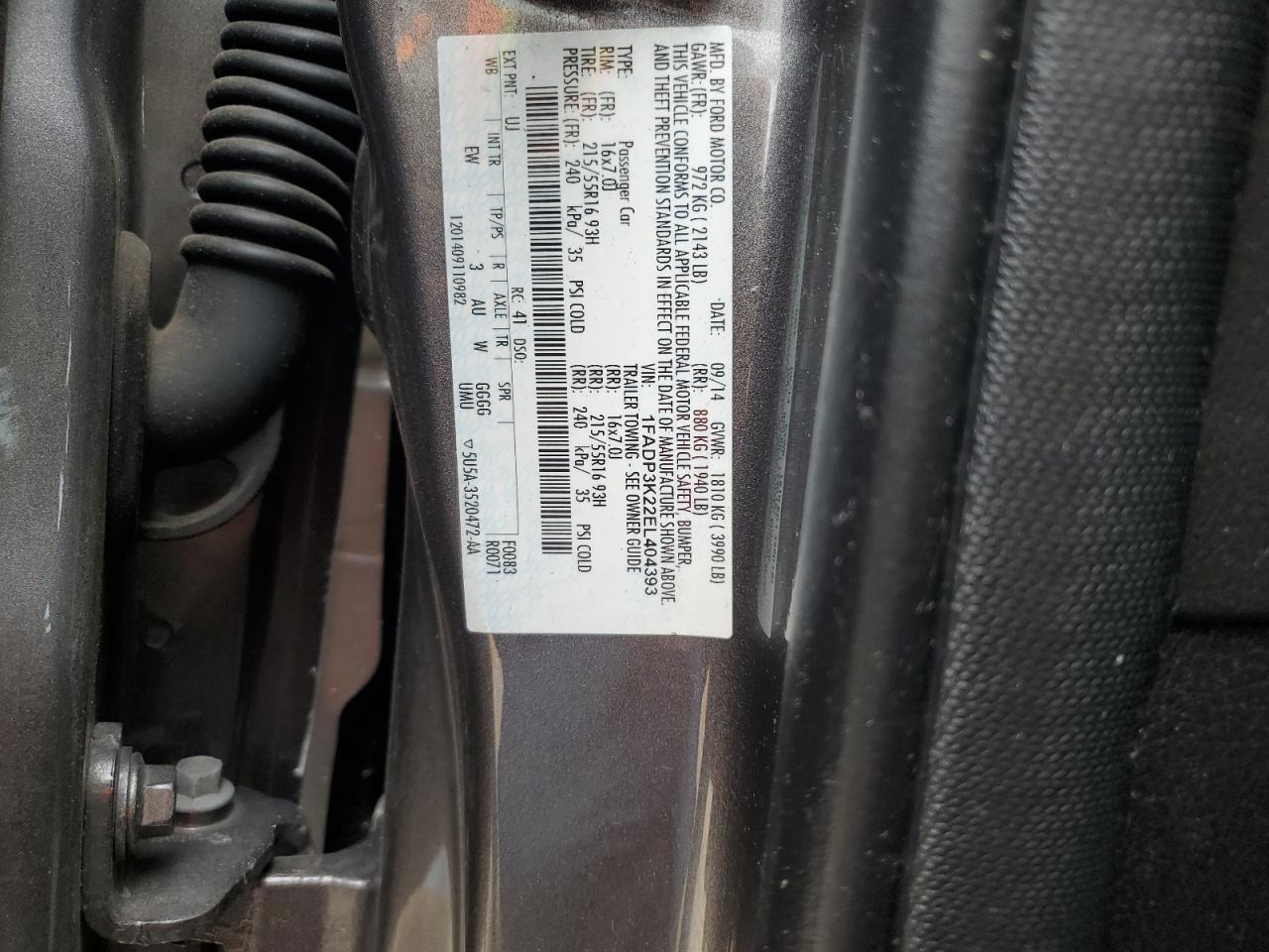 2014 Ford Focus Se VIN: 1FADP3K22EL404393 Lot: 62773705