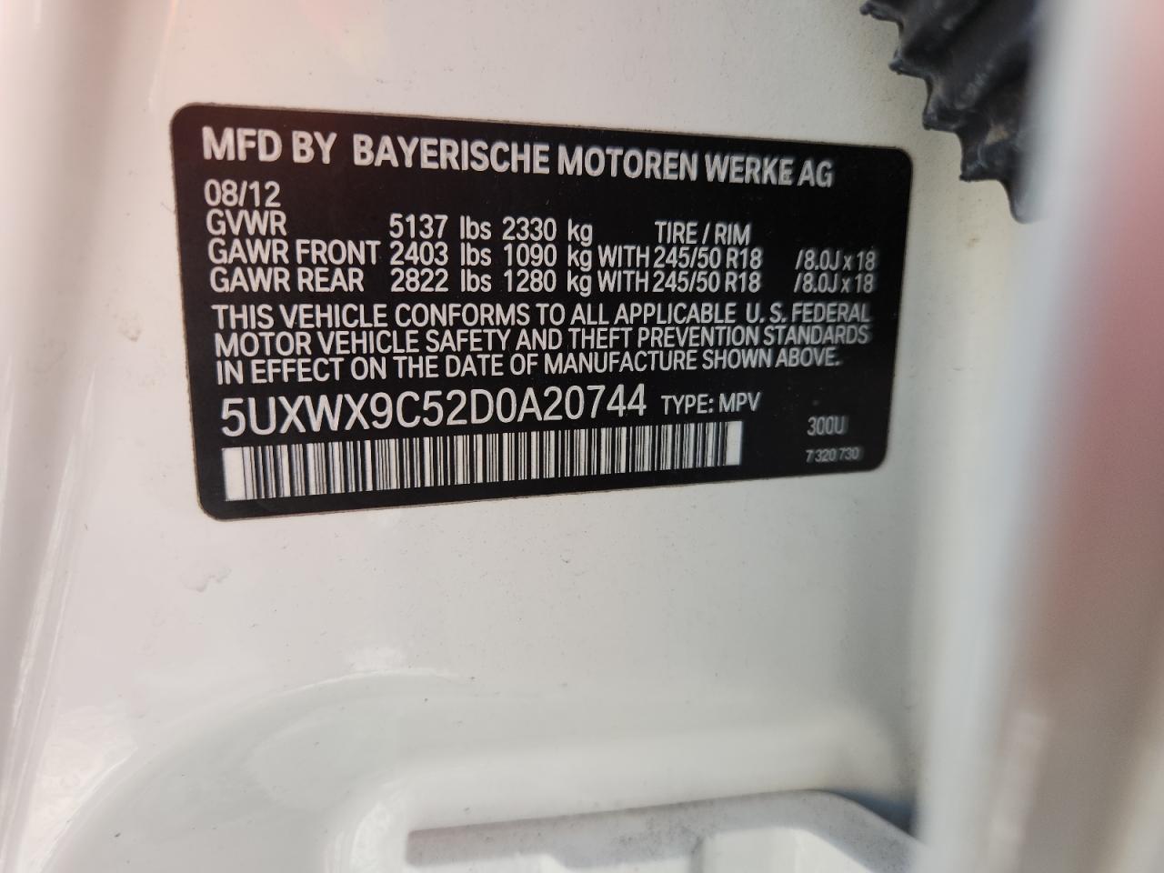 2013 BMW X3 xDrive28I VIN: 5UXWX9C52D0A20744 Lot: 61531125