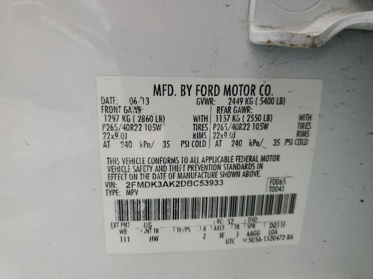 2013 Ford Edge Sport VIN: 2FMDK3AK2DBC53933 Lot: 63065005