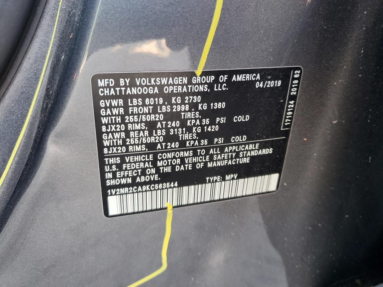 2019 Volkswagen Atlas Sel Premium VIN: 1V2NR2CA9KC563544 Lot: 61907995