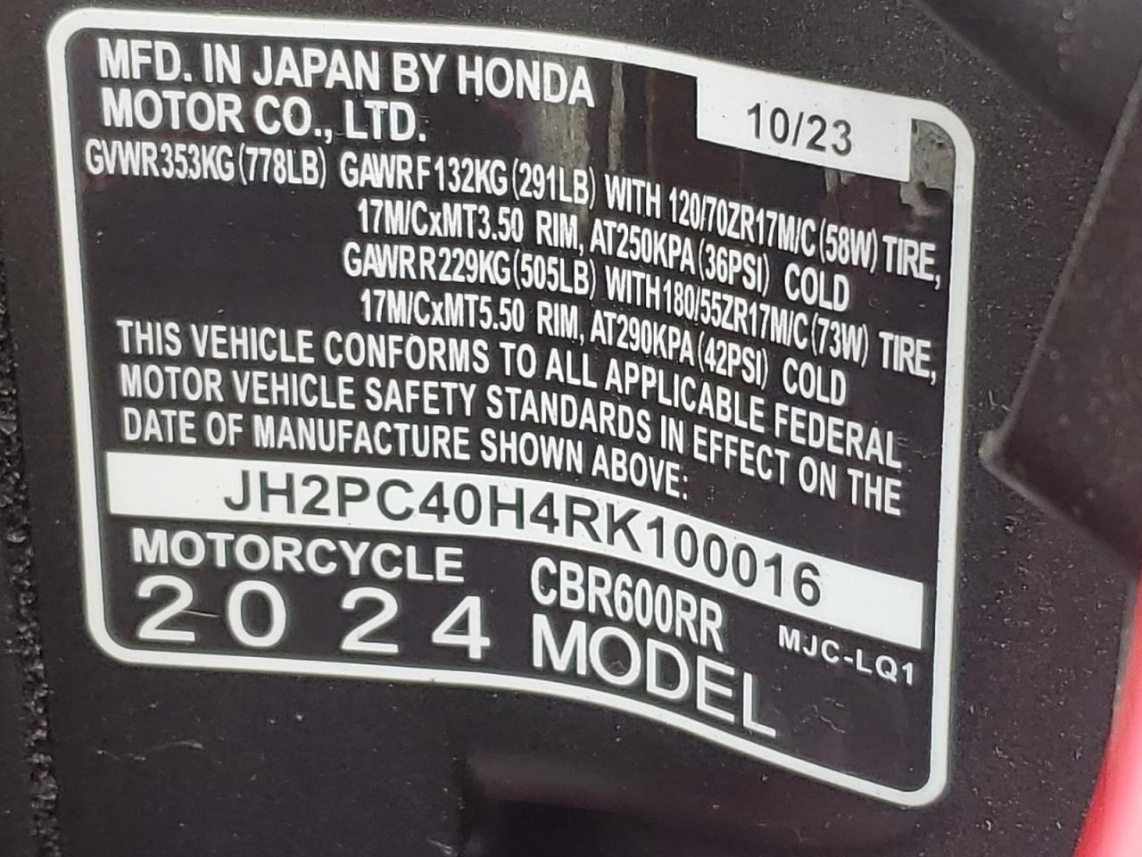 2024 Honda Cbr600 Rr VIN: JH2PC40H4RK100016 Lot: 59299345